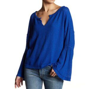 We The Free Dahlia Top Size Small Waffle Knit V Neck Bell Sleeve Sapphire Blue